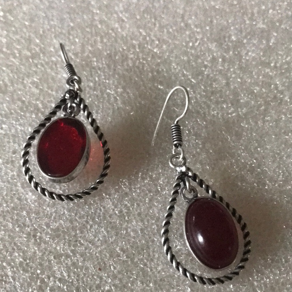 Red Stone Teardrop Dangle Earrings - Silver